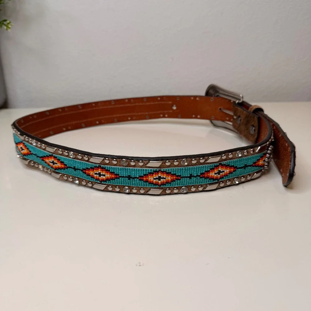 Ariat Belt Womens Brown Hair On Hide Beaded Rhinestone Western Boho A1515402 M